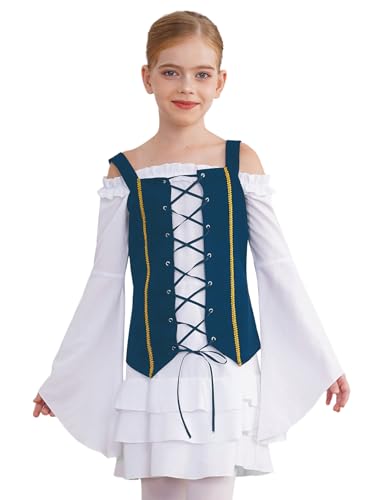 Sxiwei Piraten Kleid für Halloween Karneval Party Langarm Viktorianischer Retro Kleid Elegant Fasching Kleid Für Cosplay Party Weiß Blau 110-116 von Sxiwei