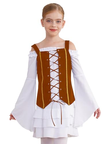 Sxiwei Piraten Kleid für Halloween Karneval Party Langarm Viktorianischer Retro Kleid Elegant Fasching Kleid Für Cosplay Party Weiß Braun 122-128 von Sxiwei