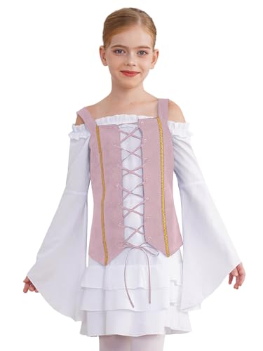 Sxiwei Piraten Kleid für Halloween Karneval Party Langarm Viktorianischer Retro Kleid Elegant Fasching Kleid Für Cosplay Party Weiß Rosa 134-140 von Sxiwei