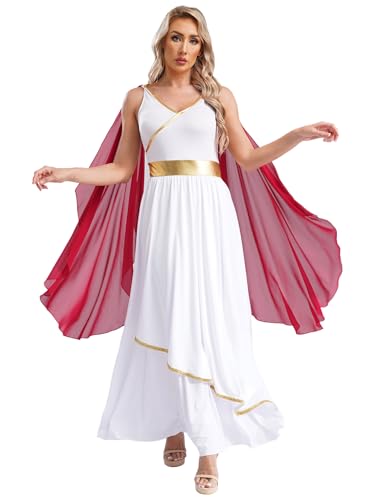 Sxiwei Römer Kostüm für Damen Erwachsene Griechische Göttin Cosplay Langes Festlich Partykleider Athena V-Ausschnitt Toga Kleid Burgundy 3XL von Sxiwei