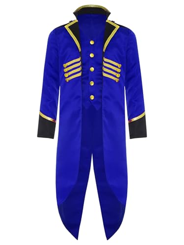 Sxiwei Unisex Kinder Gothic Mantel Steampunk Frack Jacke Mittelalter Prinz Kostüm Langarm Smoking Uniform für Festival Karneval Fasching Königsblau 122-128 von Sxiwei