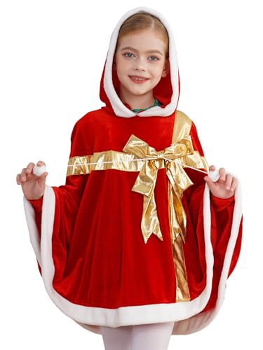 Sxiwei Weihnachten Santa Umhang mit Kapuze Kinder Mädchen Warmer Wintermantel Cape Weihnachtsmann Samt Cape Rot 158-164 von Sxiwei