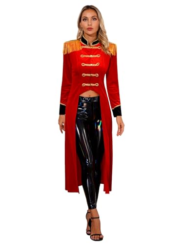 Sxiwei Zirkusdirektor Kostüm Damen Halloween Zirkus Samt Frack Langarm Fransen Jacke Ringmaster Uniform für Verkleidung Karneval Rot 3XL von Sxiwei