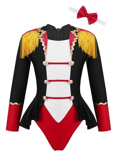 Sxiwei Zirkusdirektor Kostüm Kinder Mädchen Lange Ärmel Farbkontrast Jumpsuit Zirkus Body mit Krawatte Fasching Karneval Kostüm Schwarz 158-164 von Sxiwei