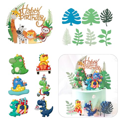 Sxutop 14 Stück Niedlich Torten Deko Dschungel Palmwedel Kuchen Dekorationen Dinosaurier Hält ein Geschenk Figures Cake Toppers Dinosaurier Kuchendeckel Topper Party Deko Set für Geburtstagsfeiern von Sxutop