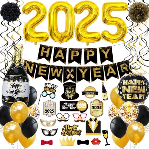 Silvester Deko 2025 Set, Neujahr Party Silvesterdeko- Neujahrsdeko, Happy New Year Girlande, 2025 Folienballons,Silvester Fotorequisiten, Ballons Silvesterpartydeko Accessoire für Silvesterparty von Sxzgea