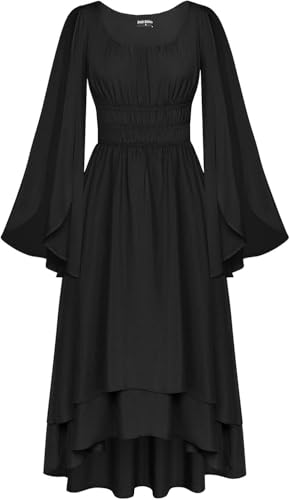 Renaissance Kleid für Frauen, Mittelalter Kostüm für Damen, Mittelalter Kleidung mit Geteilte Glockenärmel und Hoher Taille, Doppellagig, Retro Kleid für Karneval Halloween (Schwarz,L) von Syagot