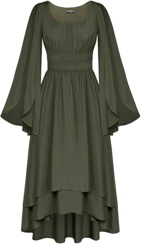 Syagot Renaissance Kleid für Frauen, Mittelalter Kostüm für Damen, Mittelalter Kleidung mit Geteilte Glockenärmel und Hoher Taille, Doppellagig, Retro Kleid für Karneval Halloween (Olivgrün,L) von Syagot