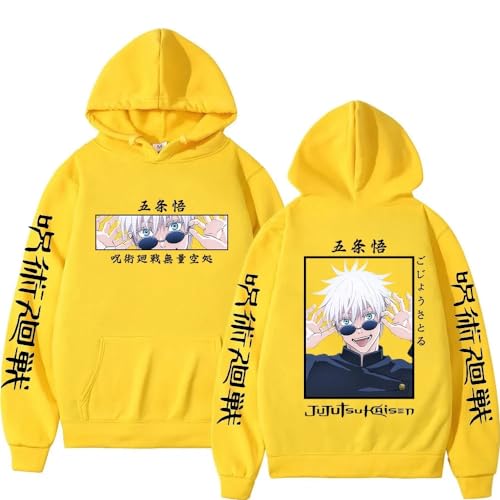 Anime Jujutsu Kaisen Sweatshirts Satoru Gojo Grafik Hoodies Übergroße Harajuku Streetwear Langarm Unisex Sudader (Gelb,M) von Syedeliso