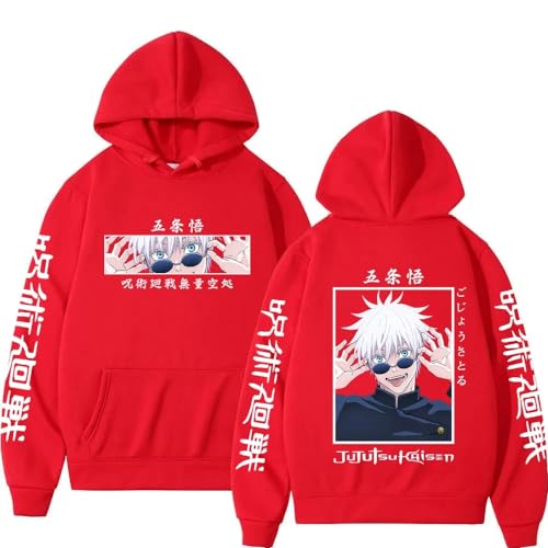 Anime Jujutsu Kaisen Sweatshirts Satoru Gojo Grafik Hoodies Übergroße Harajuku Streetwear Langarm Unisex Sudader (Rot,L) von Syedeliso