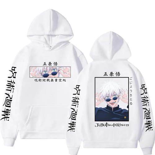 Anime Jujutsu Kaisen Sweatshirts Satoru Gojo Grafik Hoodies Übergroße Harajuku Streetwear Langarm Unisex Sudader (Weiß,L) von Syedeliso