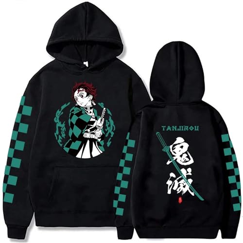 Dämon Slayer Anime Hoodie Tanjiro Kamado Männer Frauen Sweatshirt Harajuku Unisex Freizeit Pullover Kleidung Tops (Schwarz,S) von Syedeliso