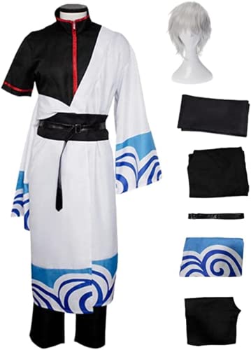 Syedeliso Anime Cosplay Kostüm GINTAMA Sakata Gintoki mit Perücke Outfit Halloween Party Kimono Ankleide anzug (Anzug perücke,M) von Syedeliso