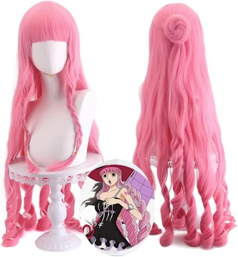 Syedeliso Anime Perona Cosplay Perücke, Rosa Lange lockige Haar Perücke, Halloween Kostüm Party Rolle Spielen Perücke frei von Syedeliso