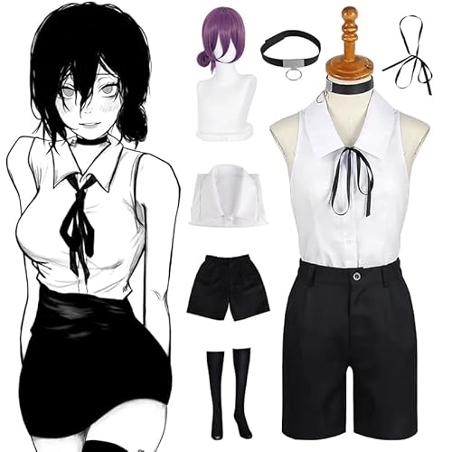 Syedeliso Anime Reze Cosplay Kettensäge Mann Cosplay Kostüm Bombe Hemd Outfits Krawatte Kurzen Hals Ring Reze Perücke Halloween Kleidung für Mädchen (Anzug perücke,XL) von Syedeliso