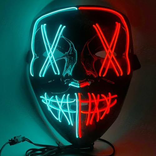 Halloween LED Maske,Zweifarbige LED Maske,Plastikmaske,Grusel Maske Cosplay,LED-Totenkopfmaske,Lustige Glühende Halloween Maske,für Halloween Karneval Party (Linker Korb, rechts rot) von Syfunlv