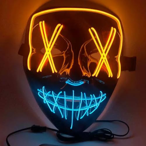 Halloween LED Maske,Zweifarbige LED Maske,Plastikmaske,Grusel Maske Cosplay,LED-Totenkopfmaske,Lustige Glühende Halloween Maske,für Halloween Karneval Party (Oben gelb und unten blau) von Syfunlv