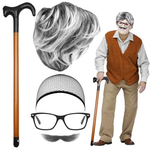 5 Stück Opa Kostüm Set Rentner Kostüm Perücke Herren Schnurrbart zum Ankleben Wig Cap Opa Brille Aufblasbarer Spazierstock Alter Mann Cosplay Kostüm Set Cosplay Zubehör für Halloween Karneval Party von Syhdfxknp