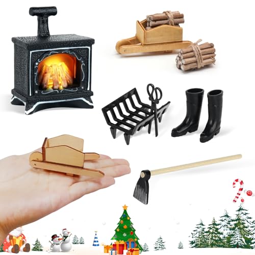 Miniatur Wichtel Zubehör 1/12 Puppenhaus Zubehör Wichtel Zubehör Weihnachten Miniatur Led Kamin Puppenhaus Kamin Hacke Gummistiefel Karren Brennholz Brennholz Rack Zubehör Miniatur Puppenhaus Deko Set von Syhdfxknp