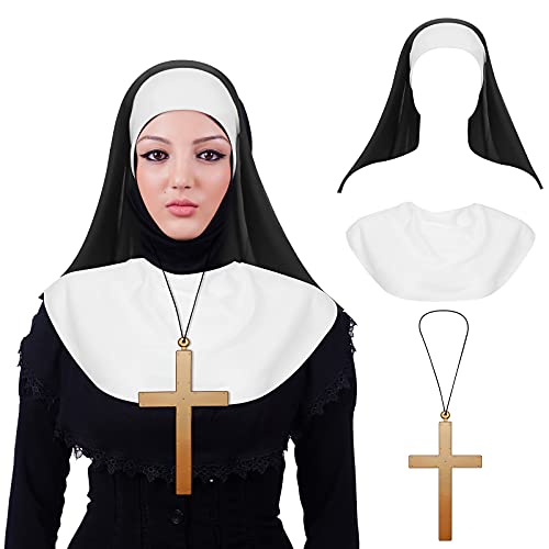 3 Stücke Halloween Nonne Kostüm Zubehör Nonne Hut Weiß Nonne Kragen Gold Kreuz Anhänger Halskette für Halloween Cosplay Party von Syhood