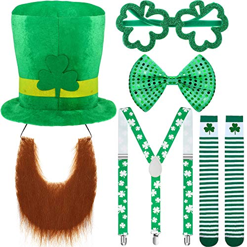 St. Patrick's Day Kobold Kostüm Zubehör für Kleeblatt Kobold Hut Irischer Kunst Schnurrbart Kleeblatt Hosenträger Pailletten Fliege Kleeblatt Brille und Socken für St. Patrick's Day von Syhood