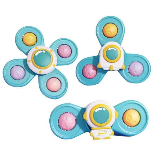 3 Stück Saugnapf Spielzeug Kinder Monate Fidget Spinner Silikon Spielzeug für Baby Interaktivem Kreisel mit Saugnapf Lustige Weltraummuster Badespielzeug Saugnapf Spielzeug ab 1-3 von Syijupo