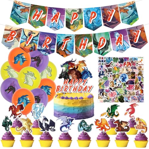 Syijupo Dragon Geburtstag Deko,132 Stück Wing Dragon Geburtstags Party Luftballon Dragon Aufkleber Happy Birthday Banner Drachen Geburtstag Cake Topper Ballon Für Kindergeburtstag Party Deko von Syijupo