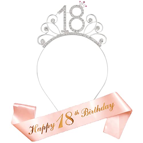 Geburtstagskrone Schärpe Junggesellinnenabschied Set,18 Birthday Krone Haarreif Tiara Stirnband mit 18th Geburtstag Roségold Schärpe für 18. Geburtstag Party Deko Accessoires Geschenk von Syijupo