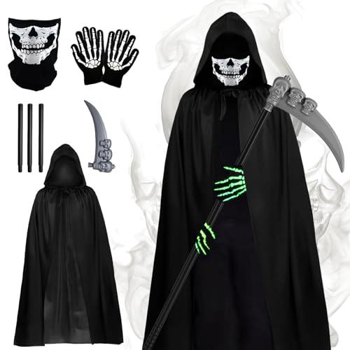 4Pcs halloween sensenmann kostüm,Sensenmann Kostüm mit Schädelmaske, Sense, Skelett Handschuhe, Halloween Umhang, Sensenmann Umhang mit Kapuze, Vampir Umhang, Halloween Dekoration Cosplay（Kind）… von Sykerout