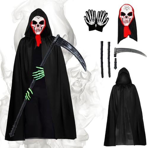 4Pcs halloween sensenmann kostüm,Sensenmann Kostüm mit Schädelmaske, Sense,Skelett Handschuhe, Halloween Umhang, Sensenmann Umhang mit Kapuze, Vampir Umhang, Halloween Dekoration Cosplay（ErwachseneC）… von Sykerout