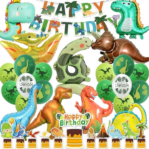 Dino Geburtstag Deko 6 Jahre, Set Party Dino Luftballon Geburtstag 6, Dinosaurier Deko Kindergeburtstag mit 8 Dino Luftballon xxl und Dino Tortendeko Geburtstag Banner (Dinosaurier Geburtstag Deko 6) von Sylphlikeoniric