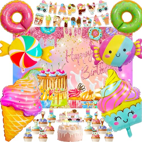 Geburtstagsdeko Mädchen, Groß Süßigkeiten Donut Eiscreme Folienballon Set, Deko Geburtstag Mädchen mit Hintergründen, Kuchendekorationen und Bannern, Krapfen Candy Party Deko (Geburtstag Deko Mädchen) von Sylphlikeoniric