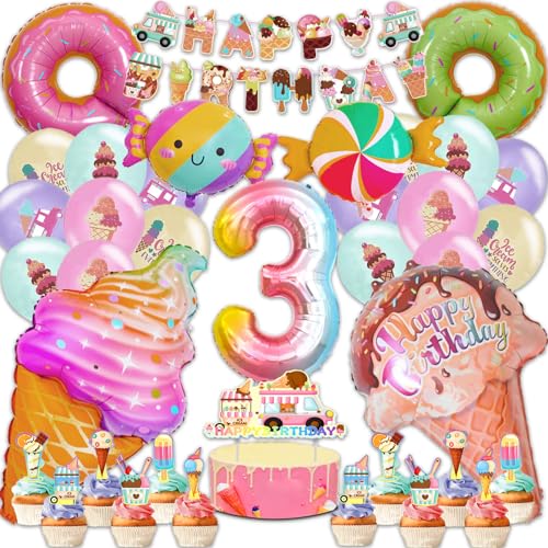 Geburtstagsdeko Mädchen 3 Jahre, Groß Süßigkeiten Donut Eiscreme Folienballon Set, Deko Geburtstag Mädchen 3 Jahre mit Tortendeko Geburtstag und Bannern, Krapfen Candy Party Deko(3 Geburtstag Mädchen) von Sylphlikeoniric