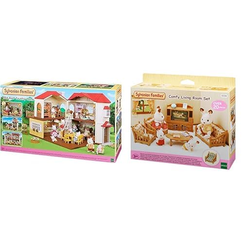 Sylvanian Families 5480 Stadthaus mit Licht - Puppenhaus, 21.5 x 58 x 34.5 cm & 5339 Landhaus Wohnzimmer - Puppenhaus Einrichtung Möbel, 30 x 50 cm von Sylvanian Families