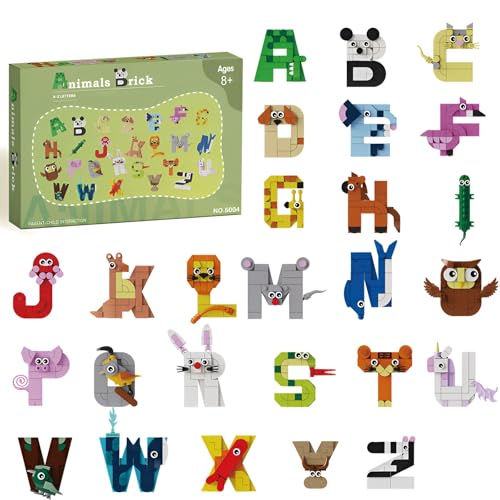 Alphabet Buchstaben Bausteine Bausatz, Tiere ABC Alphabete Baukästen, Tiere Bildung Lernspielzeug, Party Favors für Kinder ABC Geschenk für Kinder Alphabet Wissen Klemmbausteine für Jungen Mädchen von SymGrpu