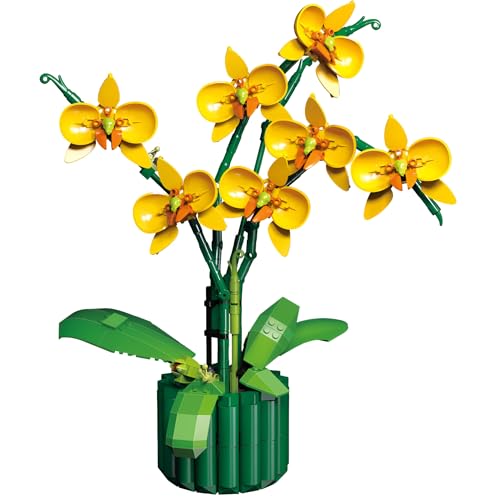 Orchidee Bausteine Bausatz, Ideen DIY Orchidee Bonsai Klemmbausteine für Zuhause Büro Dekoration, Botanische Sammlung, Künstliche Blume für Erwachsene Kinder ab 8 Jahren (636 PCS, Gelb) von SymGrpu