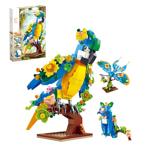 SymGrpu 3 IN 1 Tiere Bausteine Bausatz, Papagei, Katze, Schmetterling zu Tierfiguren Spielzeug mit Blumen, Lernbaukästen für Erwachsene, 408PCS von SymGrpu