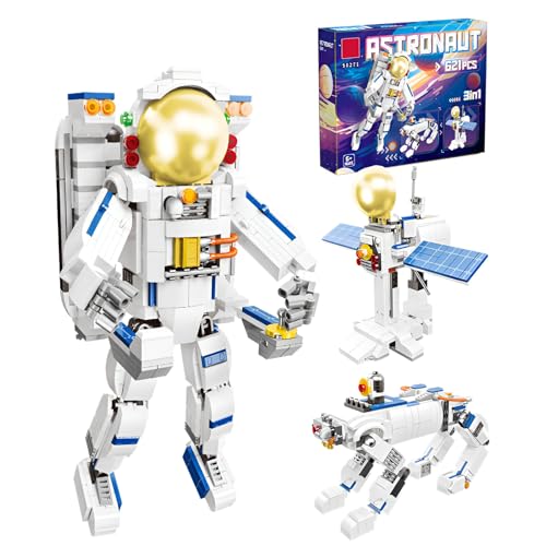 SymGrpu 3 IN 1 Weltraum Astronaut Bausteine Bausatz, Satellit, Weltraum Mechanischer Hund, Astronaut Modell Spielzeug, Klemmbausteine, Weltraum Themengeschenke für Erwachsene Jungen Mädchen(621 PCS) von SymGrpu