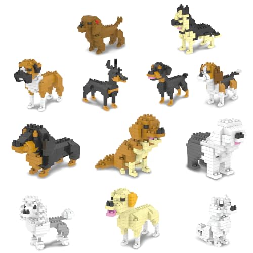 SymGrpu Micro Mini Bausteine Bausatz Hund Serie Haustiere Hund, 12er Set Tiere Modell Baukasten, BAU- und Haustier Spielzeug für Erwachsene Teens, 1990 PCS von SymGrpu