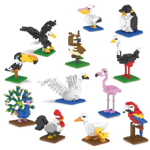 SymGrpu Micro Mini Bausteine Bausatz Vögel Serie, Satz von 12 Tiere Modell Klemmbausteine, einschließlich Flamigo, Pfau, Papagei, BAU-und Haustier Spielzeug für Erwachsene Teens, 1736 PCS von SymGrpu