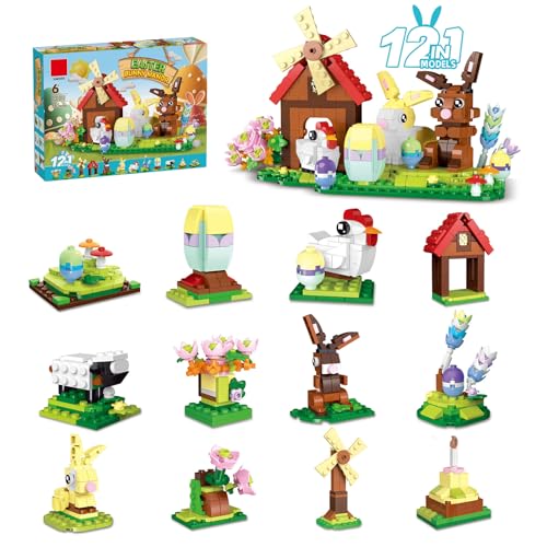 SymGrpu Ostern Hase Manor Bausteine Bausatz, 12 IN 1 Kaninchen Display Klemmbausteine Spielzeug mit Osterei, Ostergeschenk für Kinder, Jugendliche und Erwachsene, niedlich Partygeschenke(633 Stücke) von SymGrpu