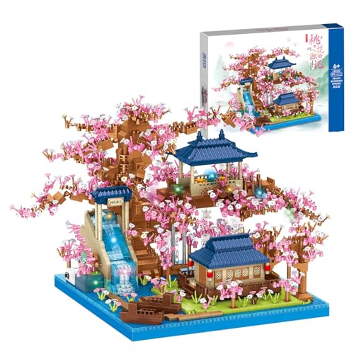 SymGrpu Pfirsichblüten-Teich Mini-Mikro-Bausteine Set für Erwachsene und Kinder, Chinesische Architektur Kirsche Bonsai Geschenk Spielzeug, Japanische Sakura Baumhaus Mini-Klemmbausteine (3812PCS) von SymGrpu