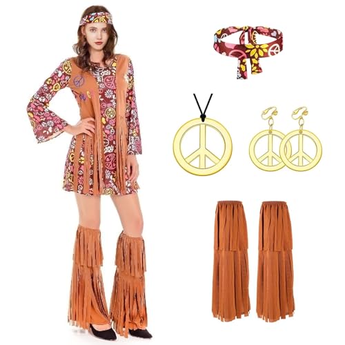 Hippie Kleidung Damen, 60er 70er Jahre Outfit Damen, Hippie Kostüm Damen mit Fransenbesetzten Stiefelüberzügen, Hippie Accessoires,70er Mode Damen, Faschingskostüme Damen, Karneval Kostüm Damen M von SymPleCr