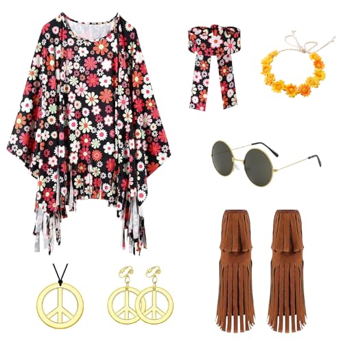 Hippie Kleidung Damen Poncho set, Hippie Kostüm Damen mit Fransenbesetzten Stiefelüberzügen,60er 70er Jahre Outfit Damen Poncho, Faschingskostüme Damen mit Hippie Accessoires für Karneval Party von SymPleCr