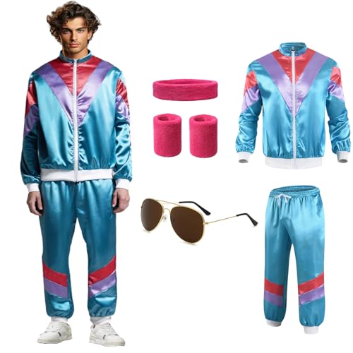 SymPleCr 80er Jahre Outfit Herren, 80er Jahre Outfit Damen mit 80er Jahre Accessoires, Retro Trainingsanzug set, Faschingskostüme Karneval Kostüm, Trainingsanzug Herren Blau (L) von SymPleCr