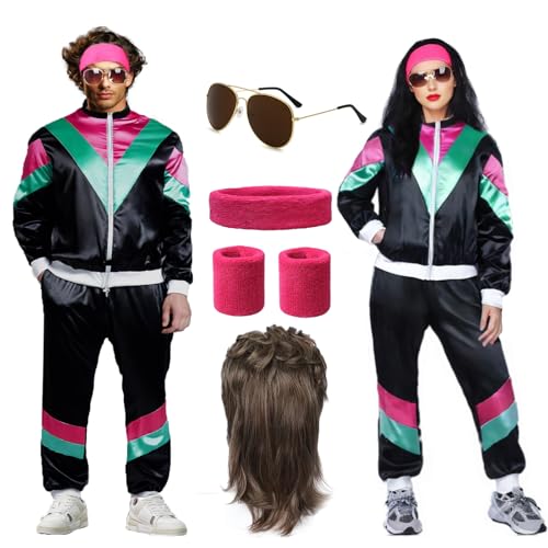 SymPleCr 90er 80er Jahre Outfit Herren, 80er Jahre Outfit Damen mit 80er Jahre Accessoires, Retro Trainingsanzug, Faschingskostüme mit Perücke, Trainingsanzug Herren, Karneval Kostüm Damen Schwarz XL von SymPleCr