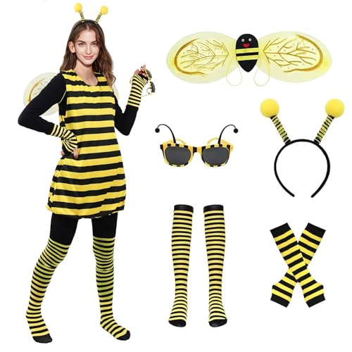 SymPleCr Bienen Kostüm Damen mit Biene Flügel, 8 Stück Bienenkostüm, Faschingskostüme Damen, Karneval Kostüm Damen, Kostüm Erwachsene für Karneval Party Cosplay (L) von SymPleCr