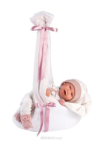 Llorens 1074006 Babypuppe mit blauen Augen und weichem Körper, Puppe inkl. rosa Outfit mit Zipfelmütze, Schnuller, Schnullerkette und kuscheliger Hängewiege, 42cm von Llorens