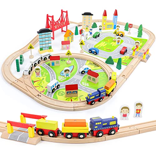 Holzeisenbahn Hölzernes Zugset Holz LKW Bau Spielzeugauto Spielzeug Kinderspielzeug ab 3 Jahre 82pcs DIY Eisenbahn Eisenbahn mit Brücke Kleinkindspielzeug Empfohlen ab 3 4 5 6 Jahren,(MEHRWEG) von Symiu