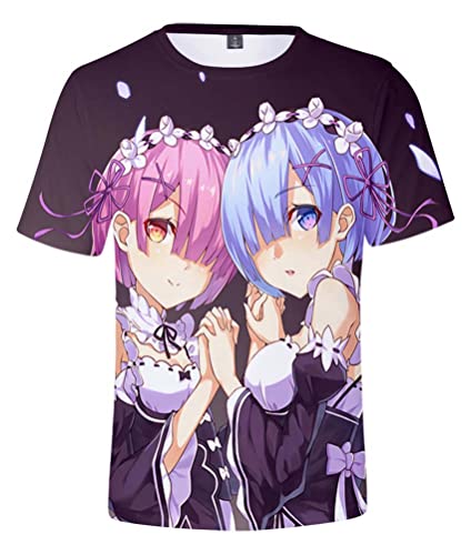 Anime Starting Life in Another World Remu Ramu Kurzarm T-Shirt 3D Bluse Hemd Tee Shirt Top Cosplay Kostüm Lila Herren Damen XL (Chest 112cm) von Syqiya